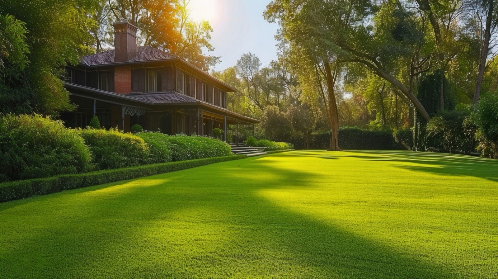 Large luxury home with a perfectly manicured artificial turf lawn