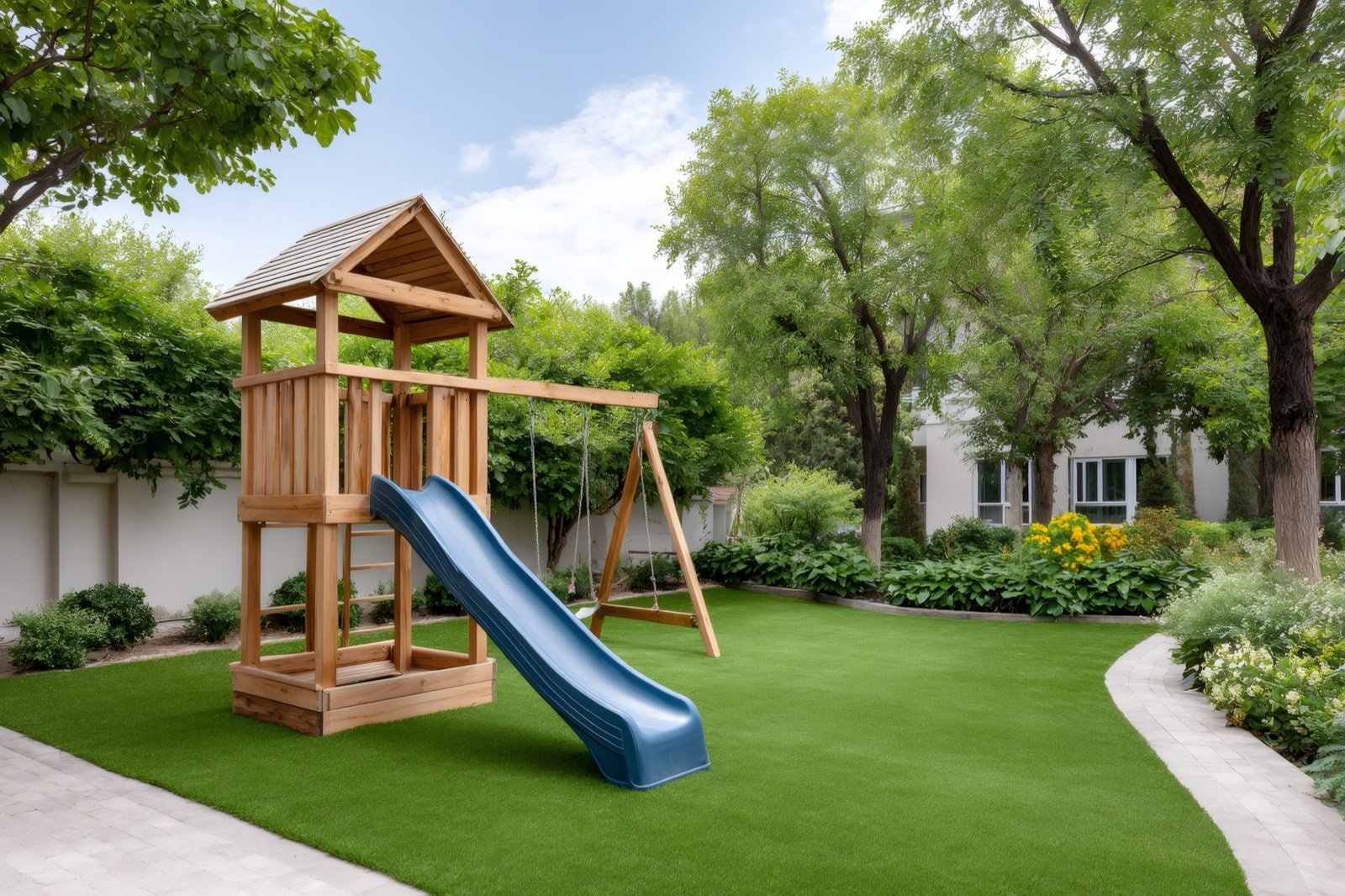 Backyard playground with wooden playset on artificial turf
