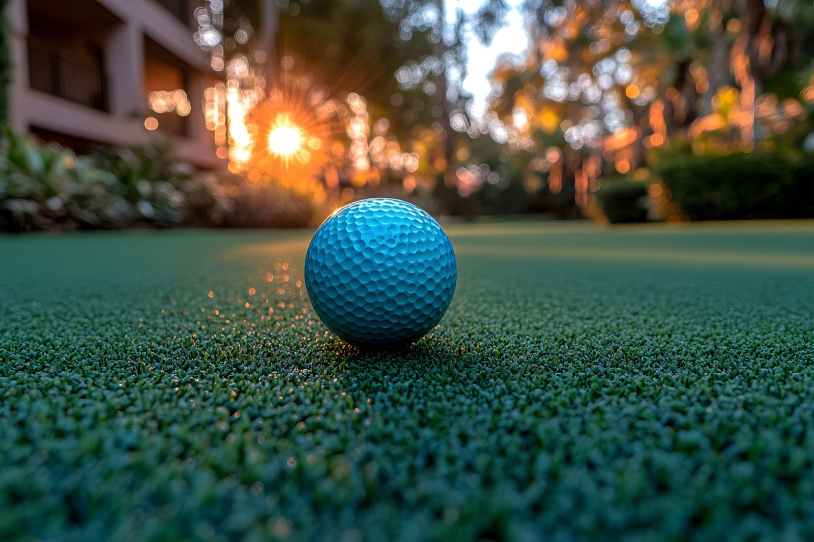 Golf ball on a residential putting green at sunset