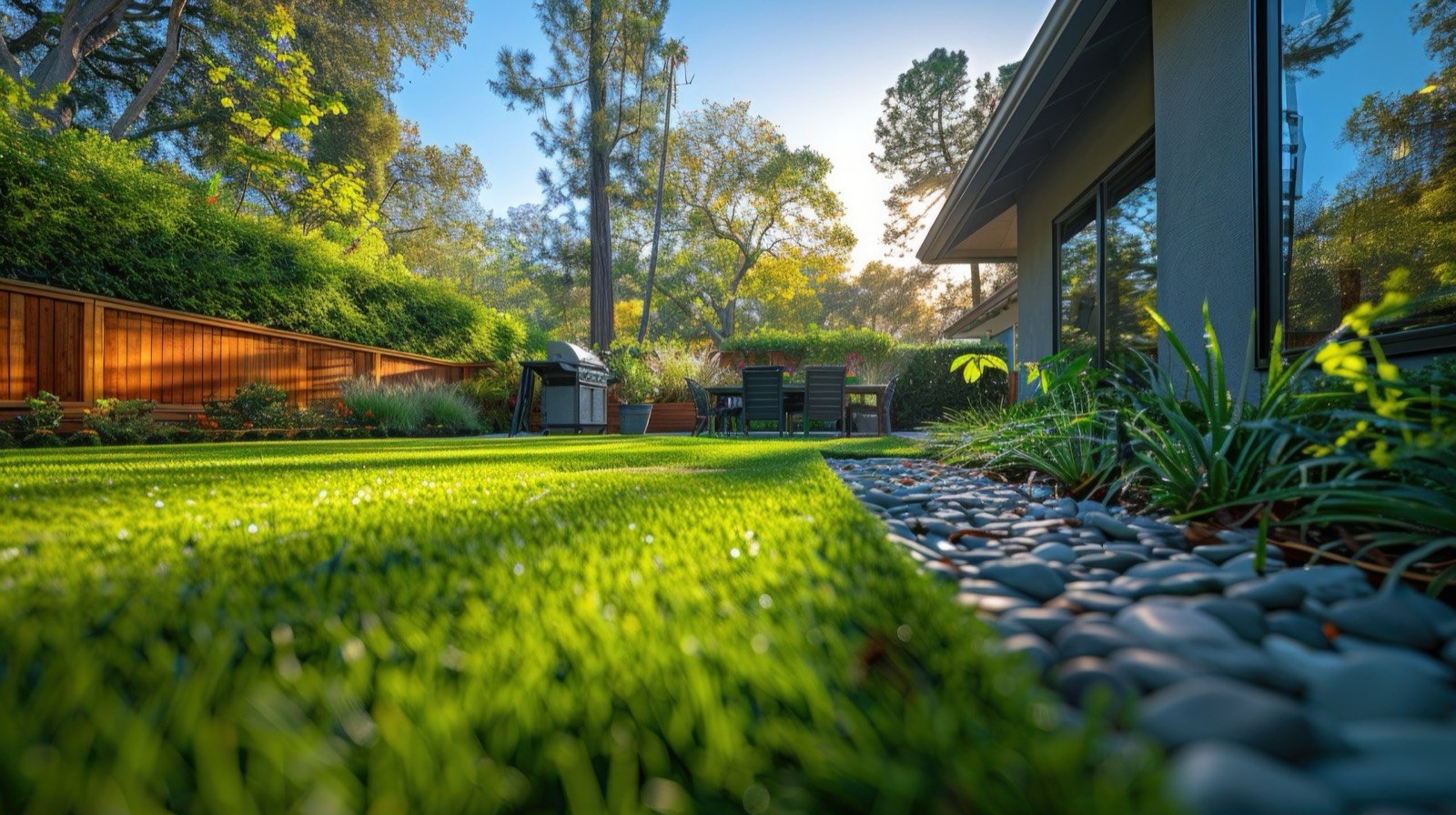 Lush residential backyard with artificial turf lawn and landscaped stone pathway